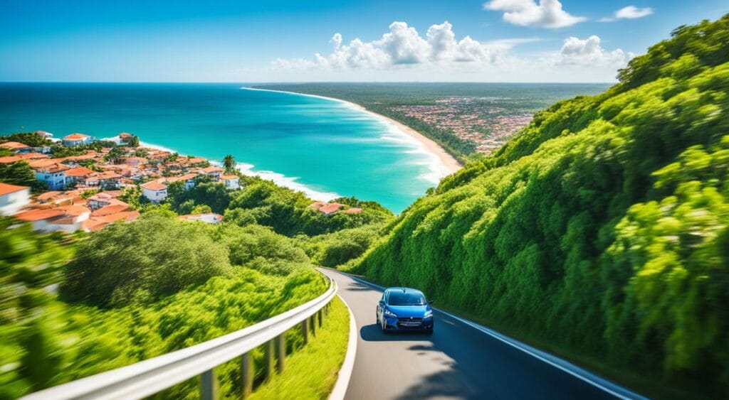 Estrada de acesso a Porto Seguro margeada por coqueiros