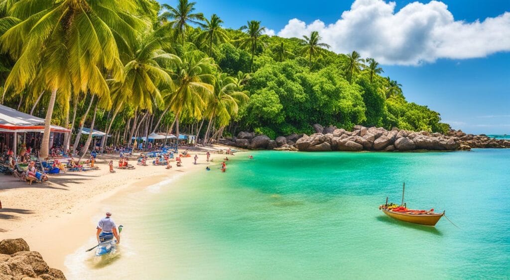 Praia de Maceió com jangadas ancoradas na água rasa