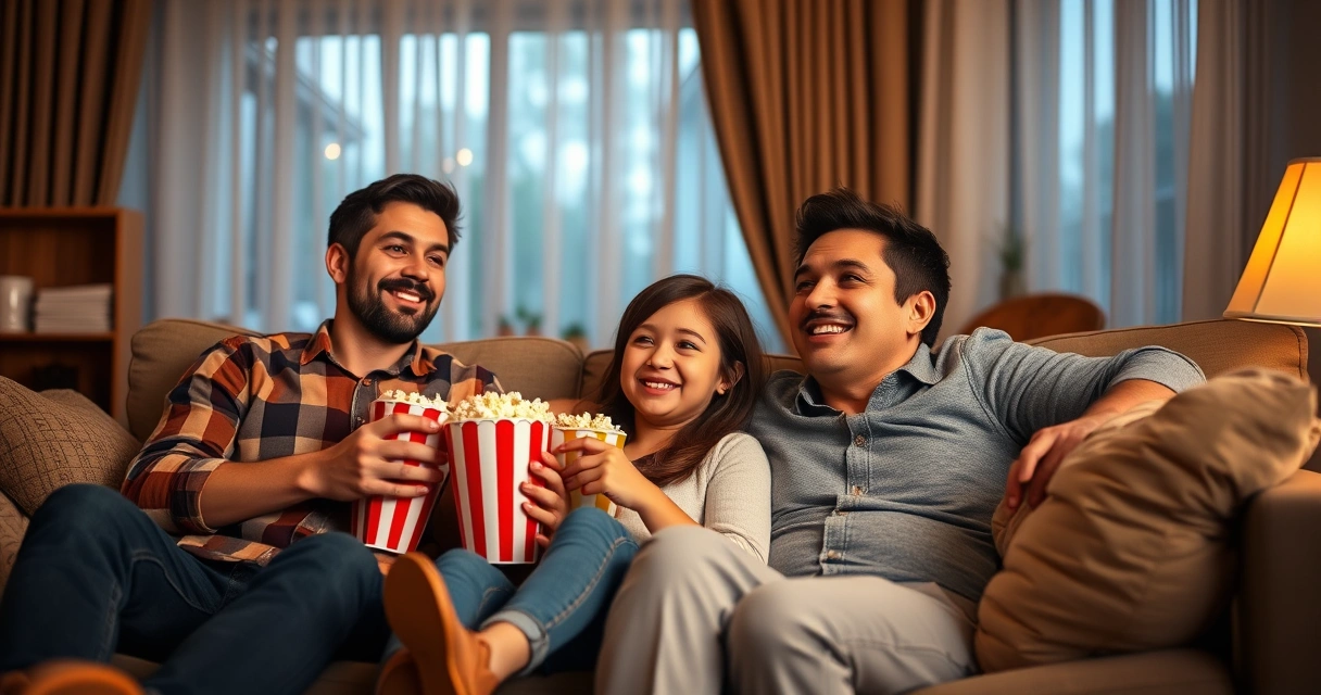 família assistindo filme no sofá da sala com pipoca